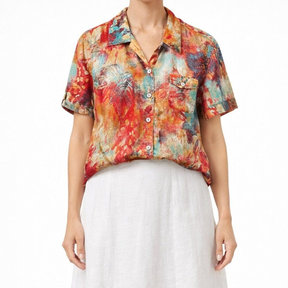 Chico’s 100% Linen Abstract Print Button Front Shirt Size Large Colorful Summer